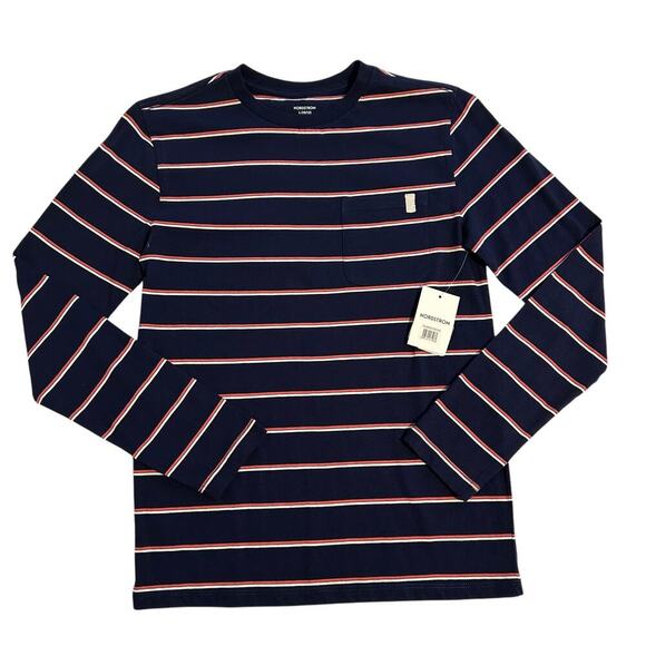 NWT Nordstrom Long Sleeve Navy Red Strip Tee Boys 10-12 - Picture 1 of 7
